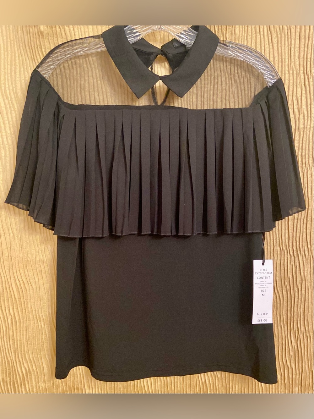 For Cynthia Black Pleated Blouse with Collar and Sheer Shoulder Covering